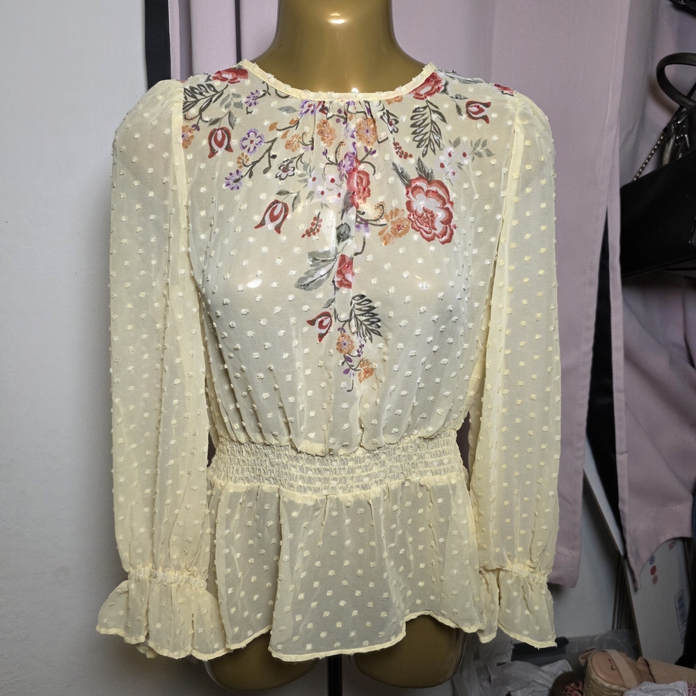 Meraki Blouse Size M Floral Print Sheer Smock Waist Puff Sleeve Yellow Boho